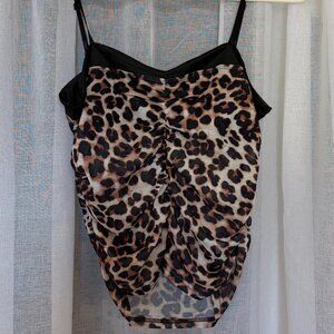 Brown Leopard Print Cami Tank Top with Black Lace Trim Medium